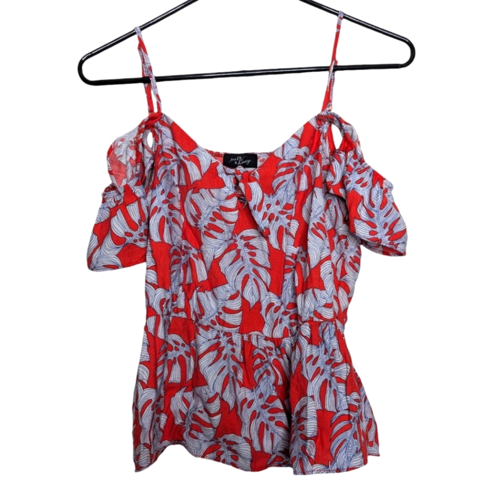 Milk & Honey Women's Red Blue Leaf Pattern Peplum Waist Tank Top Size Small